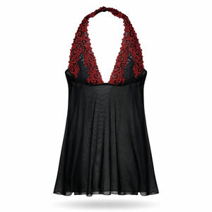 Fredericks of Hollywood black sheer mesh babydoll chemise red lace halter size S